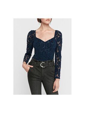 Express Navy Lace Puff Sleeve Thong Bodysuit Women's Size Large L Party Top NEW